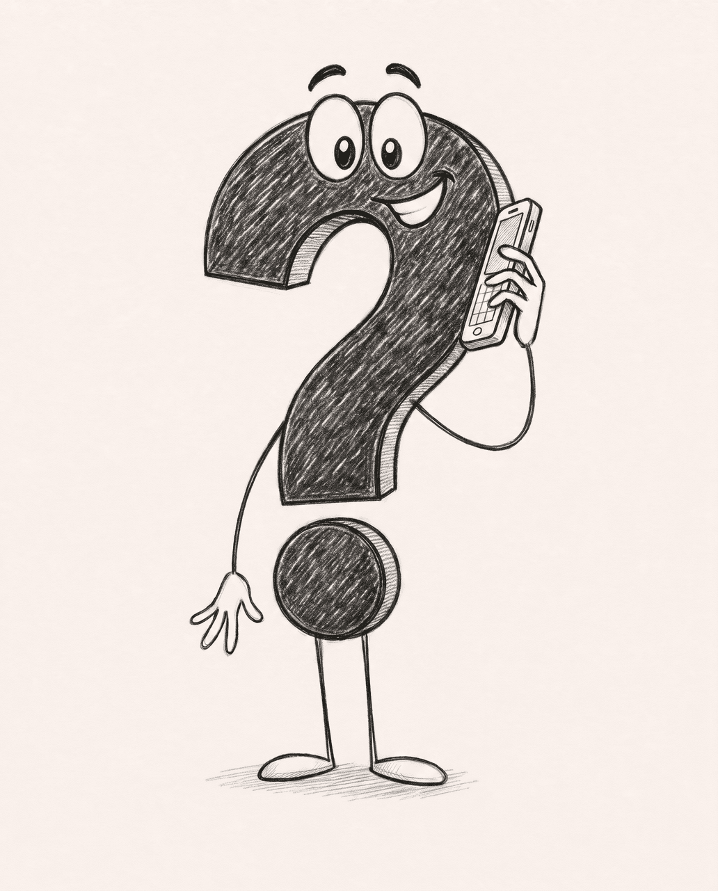Illustration einer Fragezeichen-Figur mit einem Telefon